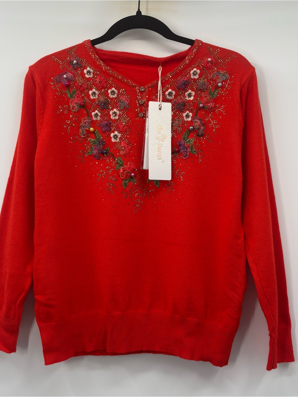 Bay Island Red Embroidered Crewneck Sweater